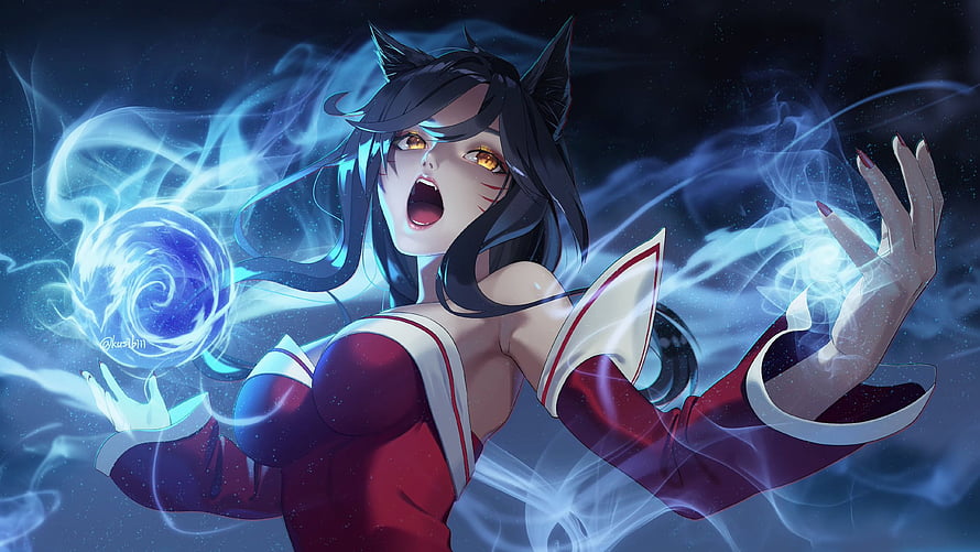 Ahri from League of Legends channeling blue magical energy in a dramatic anime-style illustration HD wallpaper