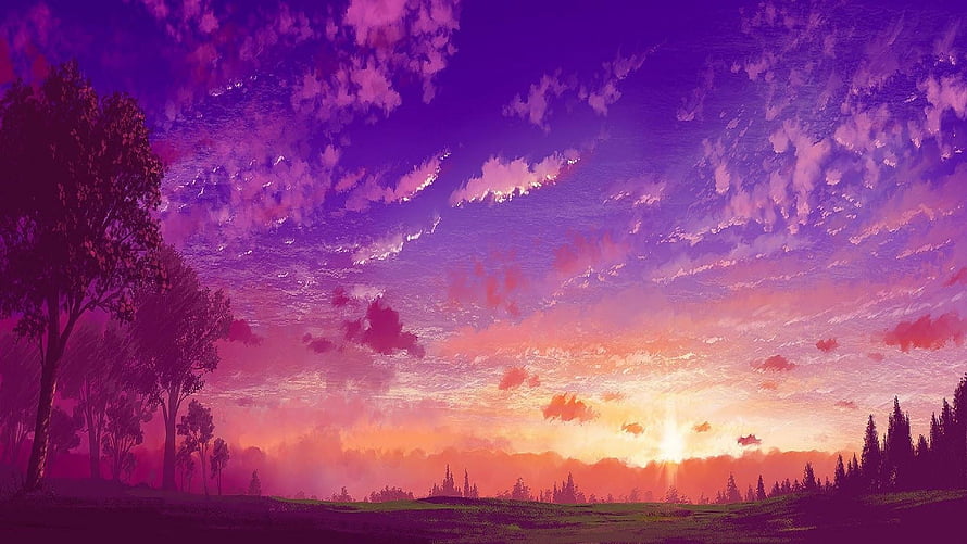 Vibrant Purple and Orange Sunset Landscape with Silhouetted Trees and Clouds HD wallpaper