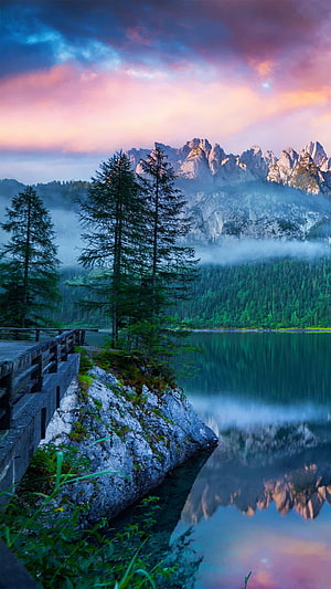 Misty Mountain Lake at Dawn with Pine Trees and Dramatic Sky Reflections HD phone wallpaper