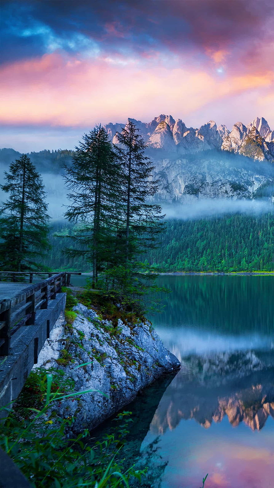 Misty Mountain Lake at Dawn with Pine Trees and Dramatic Sky Reflections HD phone wallpaper