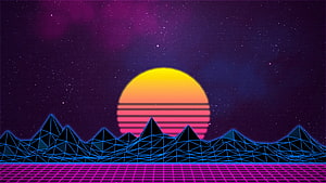 Synthwave Sunset Over Neon Wireframe Mountains and Grid Landscape HD wallpaper
