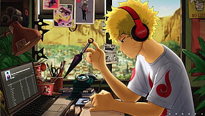 Naruto Uzumaki Sketching at Desk with Red Headphones and Kunai HD wallpaper