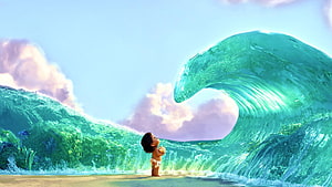 Moana Standing Before Giant Ocean Wave on Sandy Beach HD wallpaper