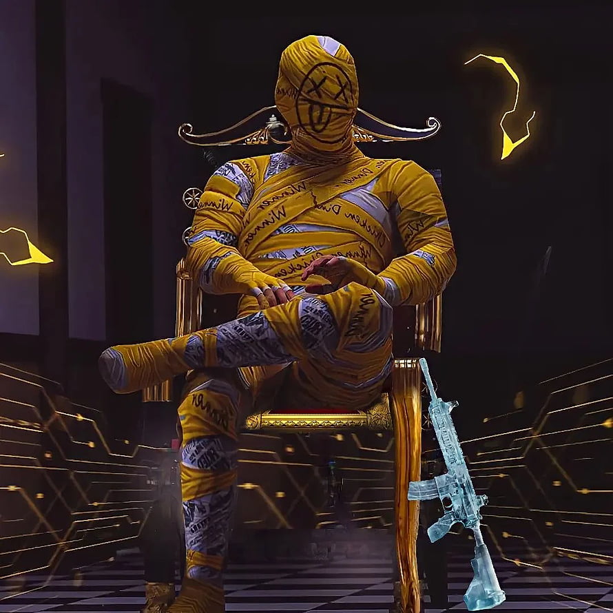 Call of Duty Warzone Chicken Dinner Mummy Skin Character Sitting on Throne with Ice Weapon HD phone wallpaper
