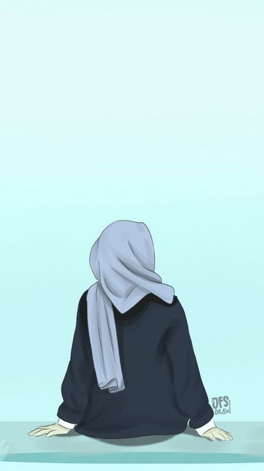 Anime Muslim Girl in Hijab Sitting on a Bench with a Soft Mint Background HD phone wallpaper