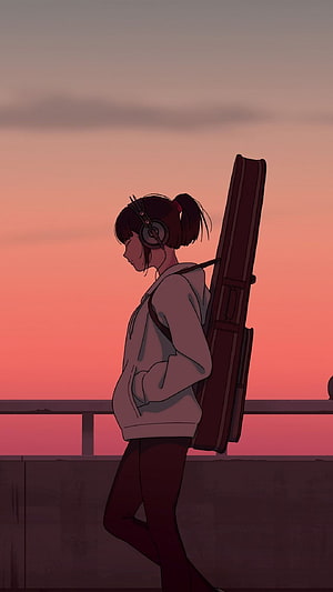 Anime Girl Walking With Guitar Case And Headphones At Sunset HD phone wallpaper