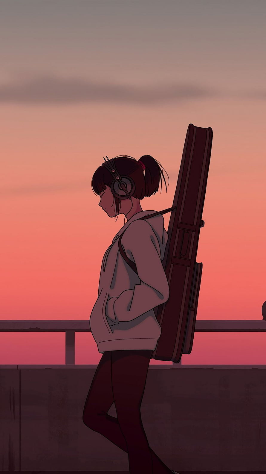 Anime Girl Walking With Guitar Case And Headphones At Sunset HD phone wallpaper