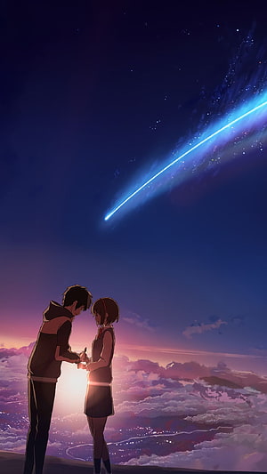 Your Name Anime Couple Silhouette Under Meteor Shower at Twilight HD phone wallpaper