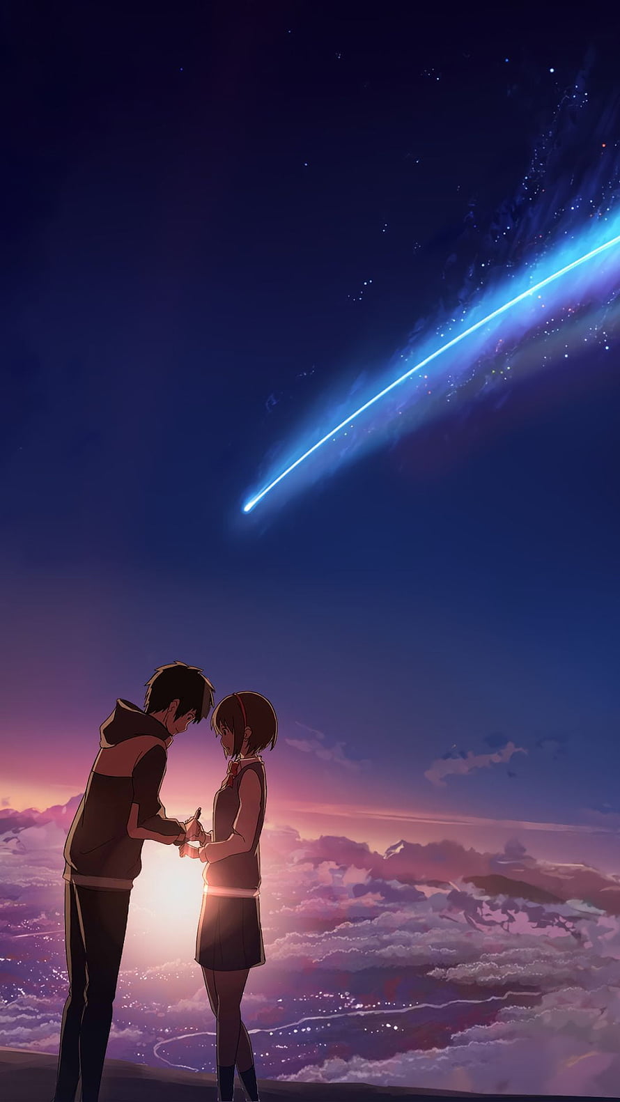 Your Name Anime Couple Silhouette Under Meteor Shower at Twilight HD phone wallpaper