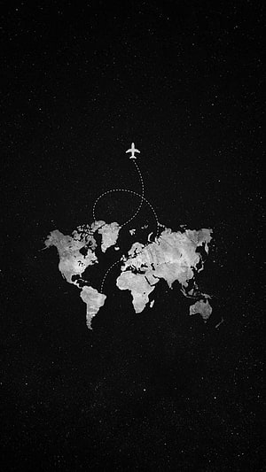 Minimalist World Map With Airplane Flight Path On Starry Night Sky Background HD phone wallpaper