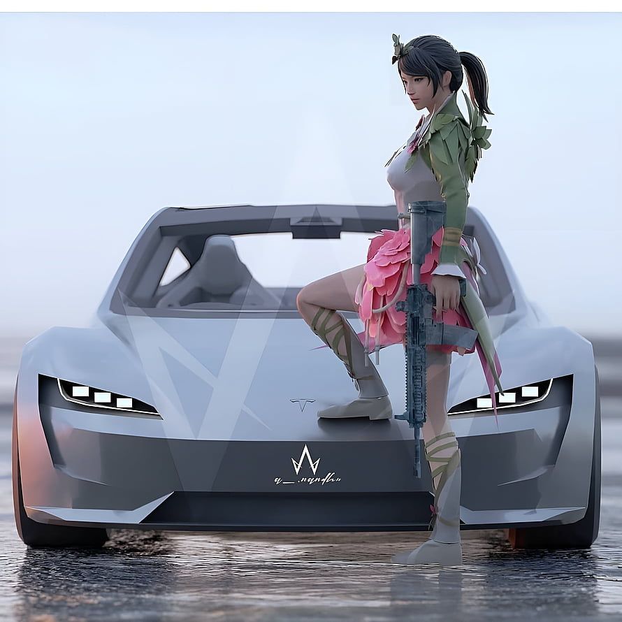 3D Render of Female Warrior with Rifle Standing on Futuristic White Sports Car HD phone wallpaper