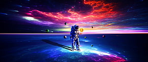 Astronaut Holding Glowing Planet in Vibrant Cosmic Space with Nebula and Stars HD wallpaper