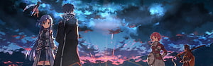 Sword Art Online anime characters gazing at a dramatic twilight sky with falling meteors HD wallpaper
