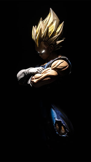 Goku Super Saiyan Anime Figure with Glowing Eyes and Crossed Arms on Black Background HD phone wallpaper