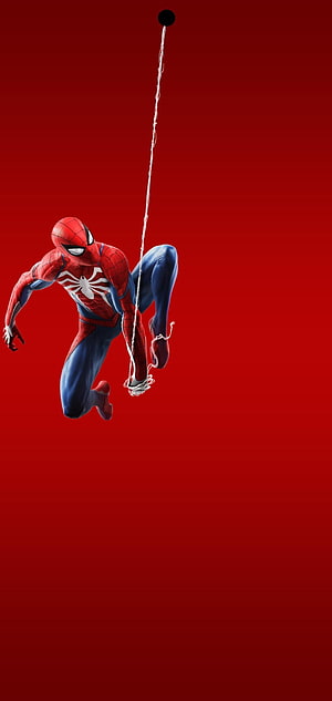 Spider-Man Swinging on Web Against Bold Red Background, Galaxy Note 10 / Note with Hole Punch, Poco M2 Pro HD phone wallpaper