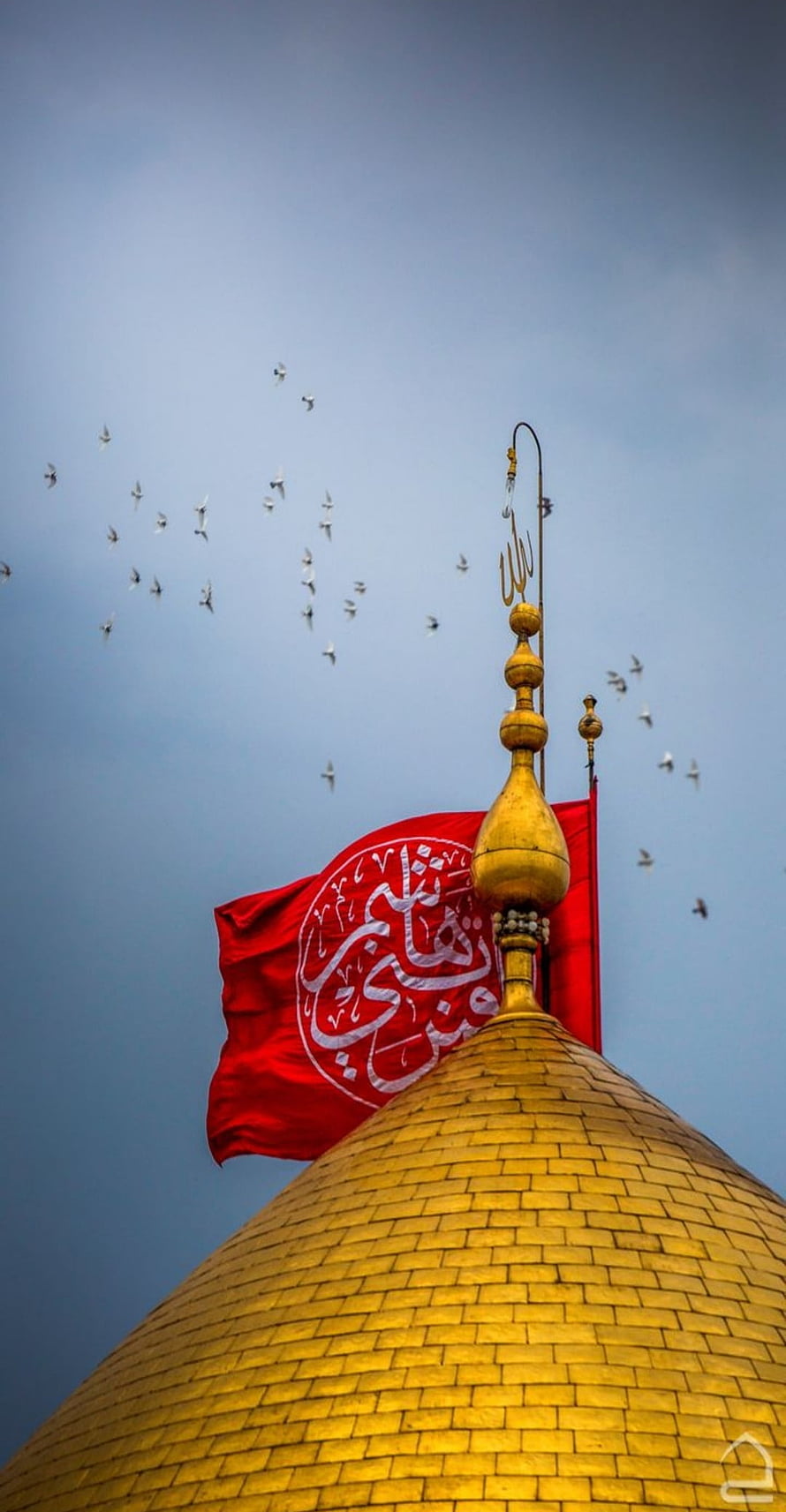 Golden Dome and Red Flag at Karbala Shrine with Birds in the Sky HD phone wallpaper