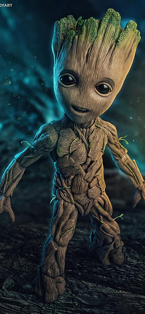 Baby Groot from Guardians of the Galaxy standing with expressive eyes and wooden texture HD phone wallpaper