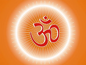 Glowing Red Om Symbol With Radiant White Rays On Orange Background HD wallpaper