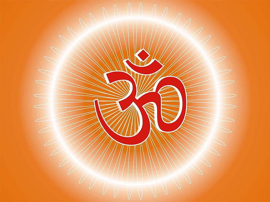 Glowing Red Om Symbol With Radiant White Rays On Orange Background HD wallpaper
