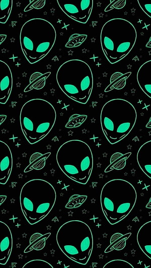 Neon Green Alien Face Pattern with UFOs and Stars on Black Background HD phone wallpaper