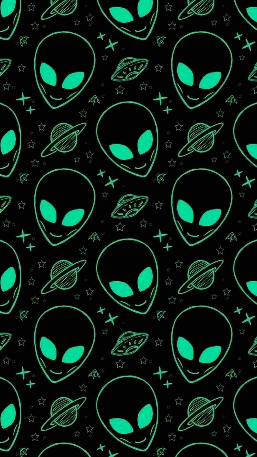 Neon Green Alien Face Pattern with UFOs and Stars on Black Background HD phone wallpaper