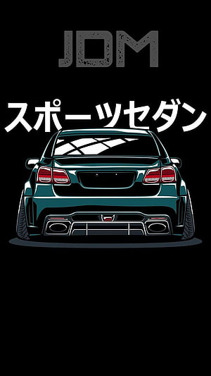 JDM Sports Sedan Rear View Illustration with Japanese Text on Black Background HD phone wallpaper