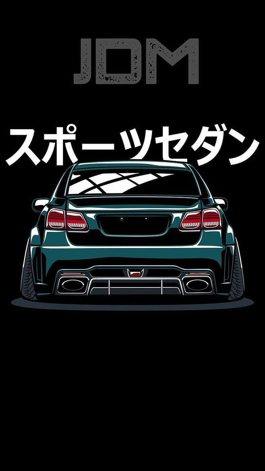 JDM Sports Sedan Rear View Illustration with Japanese Text on Black Background HD phone wallpaper