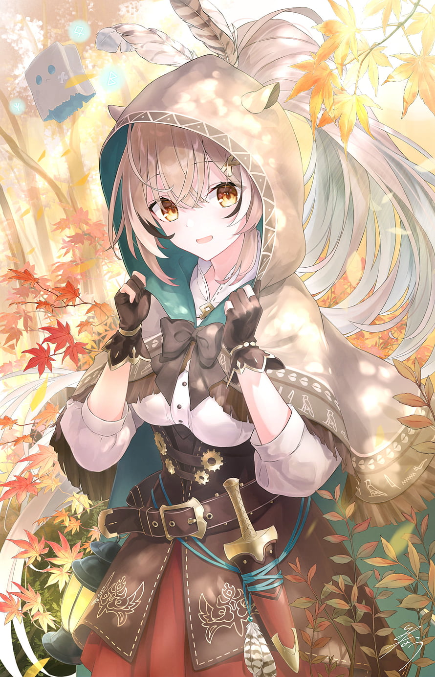 Nanashi Mumei in Autumn Forest with Hooded Cloak and Sword HD phone wallpaper