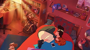 Cozy Anime Bedroom Scene With Sleeping Student And Cat In Warm Lighting HD wallpaper
