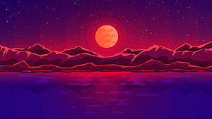 Retro Synthwave Alien Landscape with Glowing Red Moon and Jagged Mountains HD wallpaper