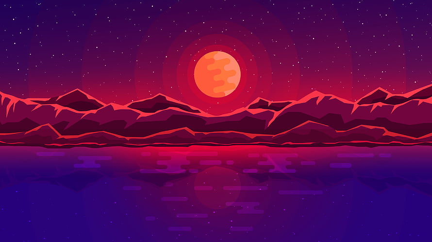 Retro Synthwave Alien Landscape with Glowing Red Moon and Jagged Mountains HD wallpaper