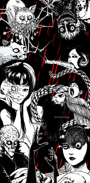 Junji Ito Tomie Horror Manga Artwork with Disturbing Characters and Dark Red Background HD phone wallpaper