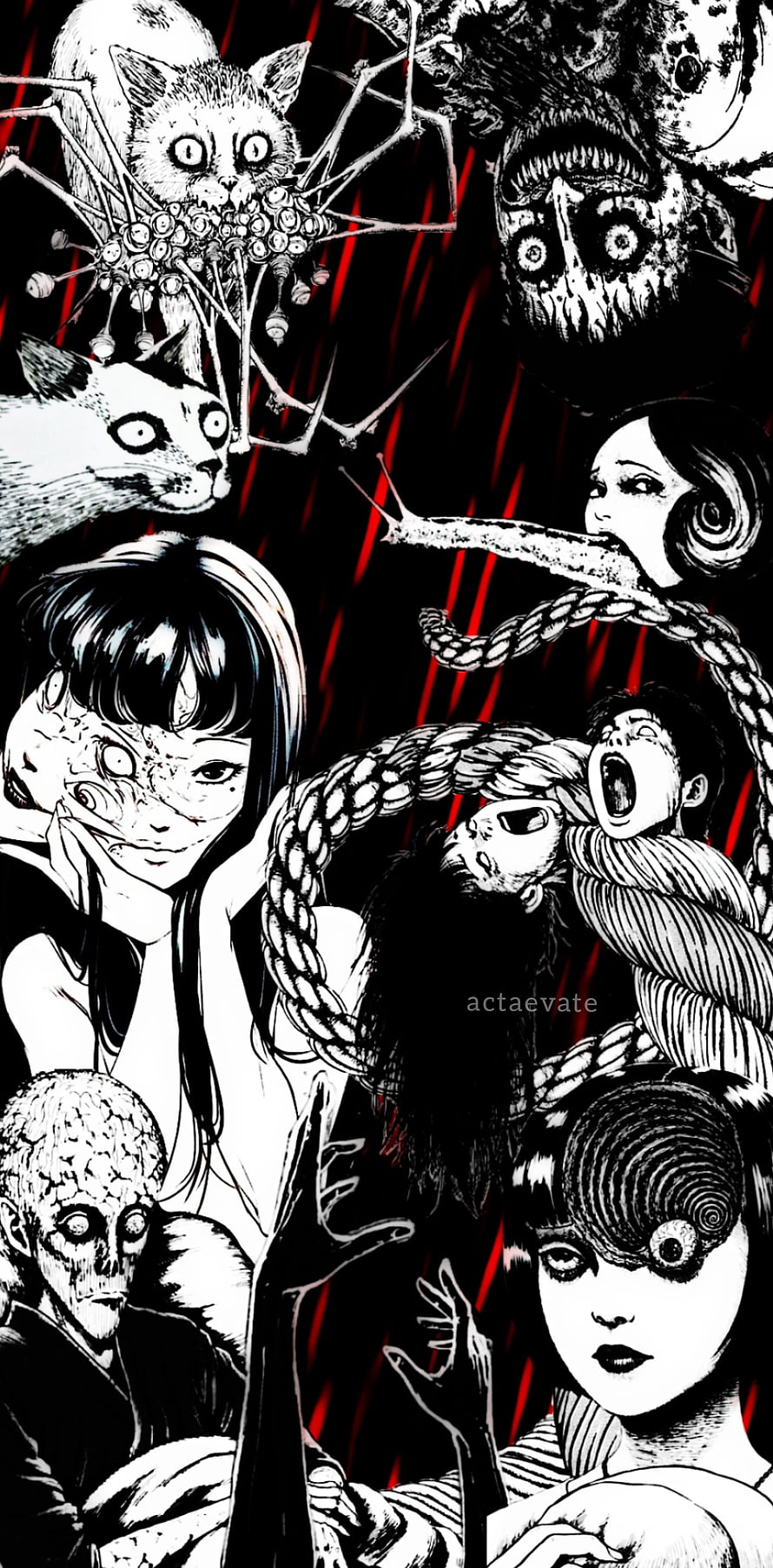 Junji Ito Tomie Horror Manga Artwork with Disturbing Characters and Dark Red Background HD phone wallpaper
