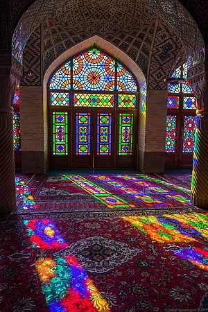Vibrant Stained Glass Light Patterns on Persian Carpet Inside Nasir al Mulk Mosque HD phone wallpaper