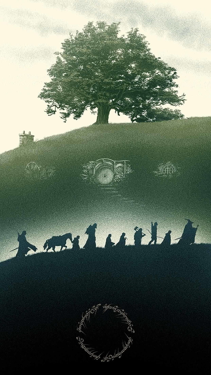 Lord of the Rings Hobbiton Silhouette Artwork with Ring Inscription HD phone wallpaper
