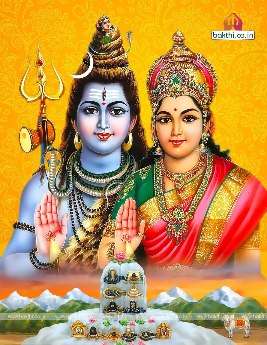 Lord Shiva and Goddess Parvati Devotional Portrait with Trishul and Sacred Symbols HD phone wallpaper