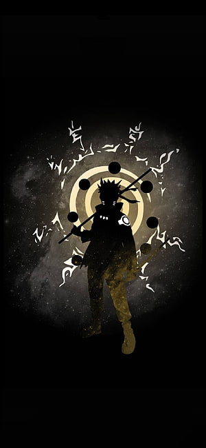 Silhouette of Naruto Uzumaki in Six Paths Sage Mode with floating orbs and staff HD phone wallpaper