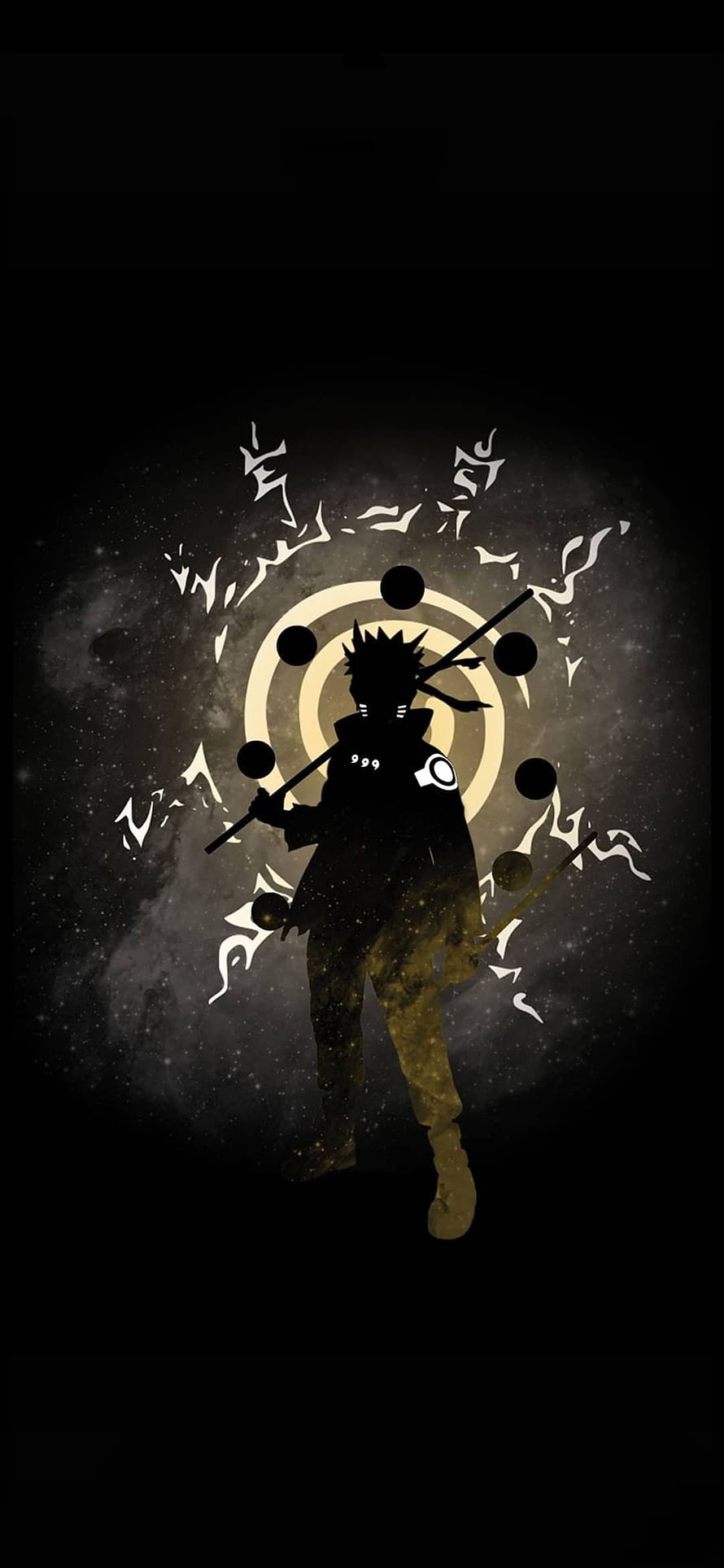 Silhouette of Naruto Uzumaki in Six Paths Sage Mode with floating orbs and staff HD phone wallpaper