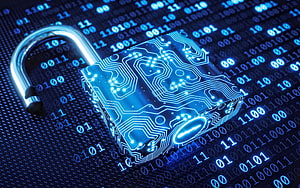 Glowing Circuit Board Padlock on Binary Code Background for Cybersecurity HD wallpaper