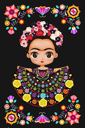 Cute Frida Kahlo Cartoon Illustration with Floral Crown and Colorful Dress HD phone wallpaper