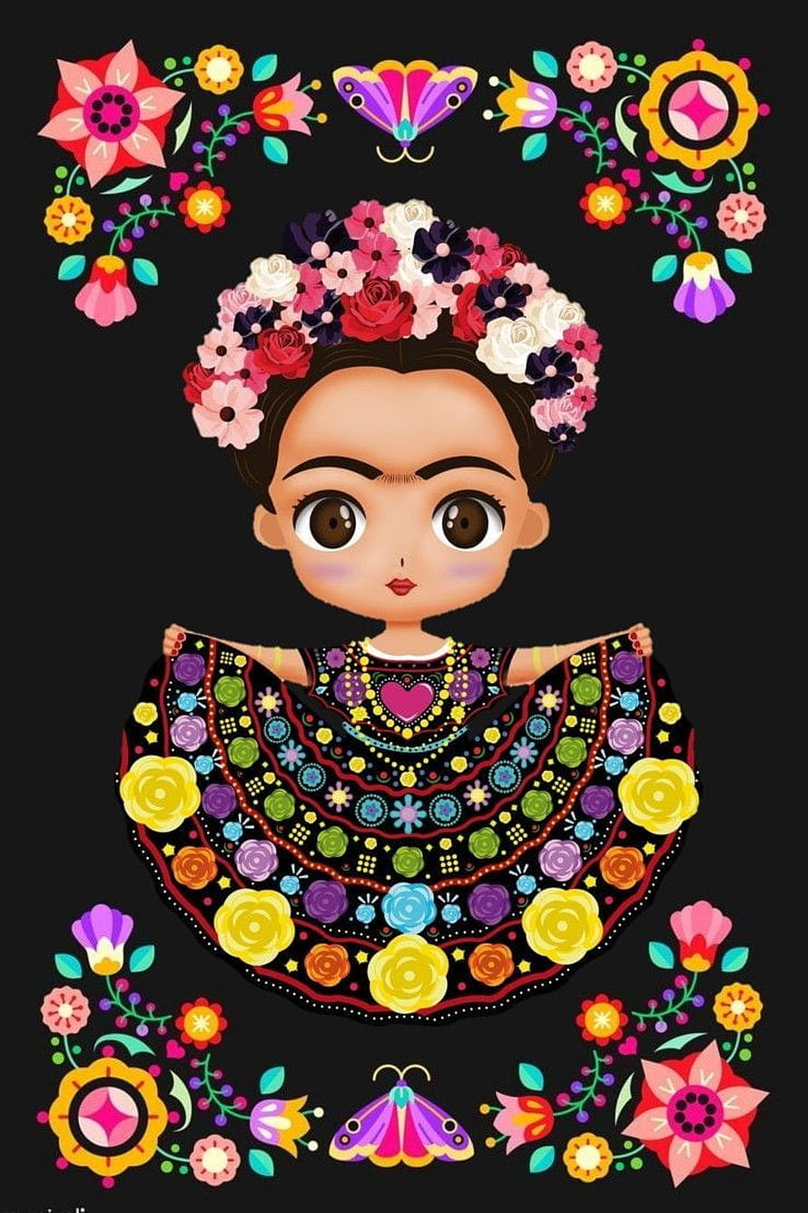 Cute Frida Kahlo Cartoon Illustration with Floral Crown and Colorful Dress HD phone wallpaper