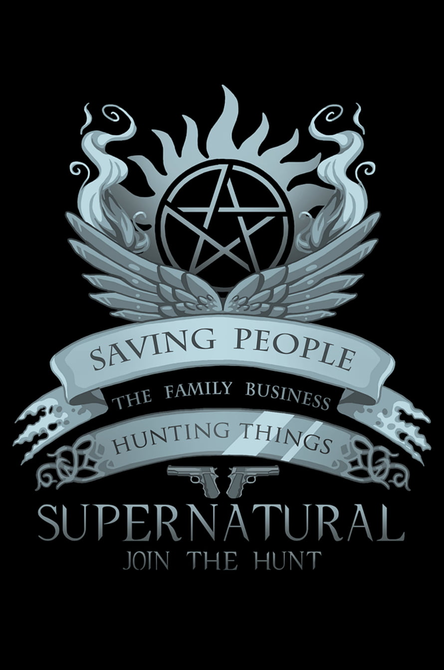 Supernatural TV Series Emblem with Pentagram, Wings, and Revolvers on Black Background HD phone wallpaper
