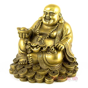 Brass Laughing Buddha Statue with Gold Coins and Ingot for Wealth and Prosperity HD phone wallpaper