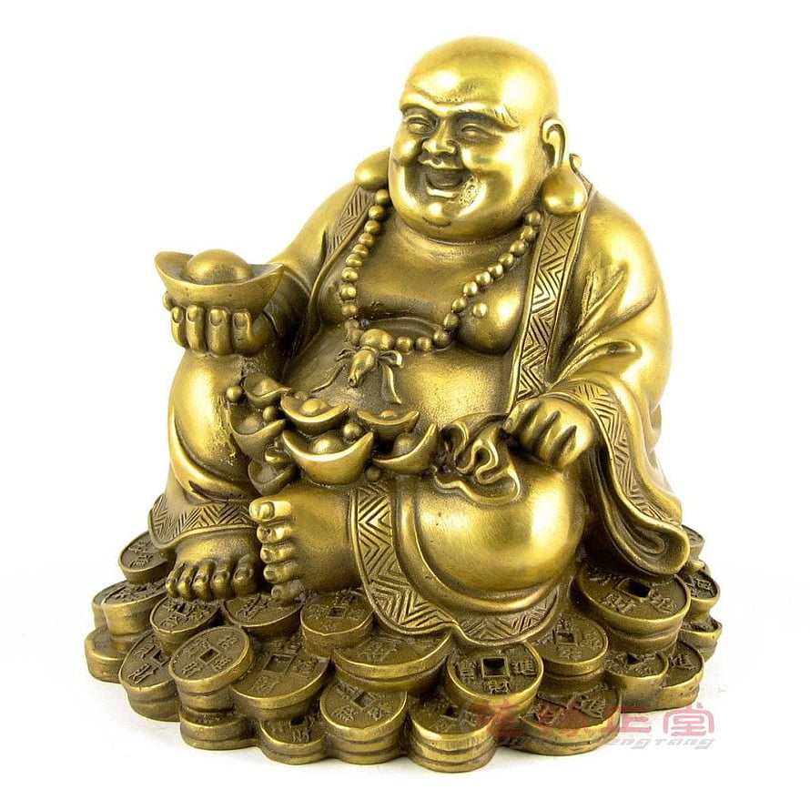 Brass Laughing Buddha Statue with Gold Coins and Ingot for Wealth and Prosperity HD phone wallpaper