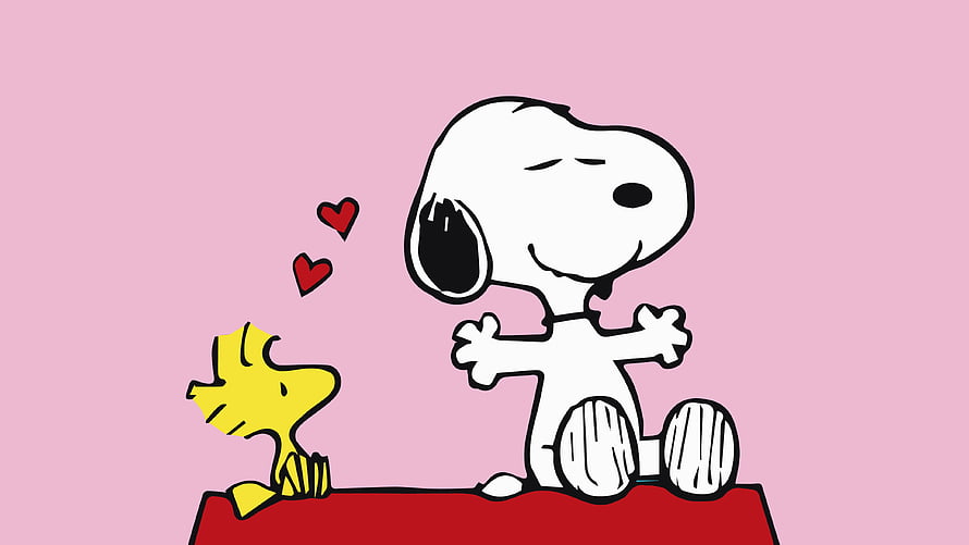 Snoopy and Woodstock Sharing a Sweet Moment on a Red Blanket with Floating Hearts HD wallpaper