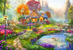 Enchanting Cottage in a Lush Garden with Pond and Waterfall HD wallpaper