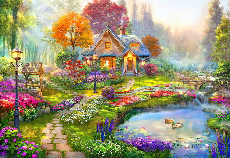 Enchanting Cottage in a Lush Garden with Pond and Waterfall HD wallpaper