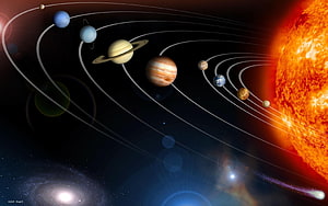 Solar System Planets Orbiting the Sun in Deep Space with Nebula Background HD wallpaper