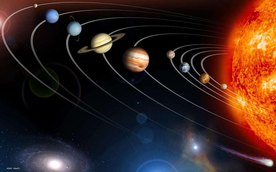 Solar System Planets Orbiting the Sun in Deep Space with Nebula Background HD wallpaper