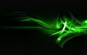 Dark Green Abstract Flowing Light Waves on Black Hexagonal Grid Background HD wallpaper